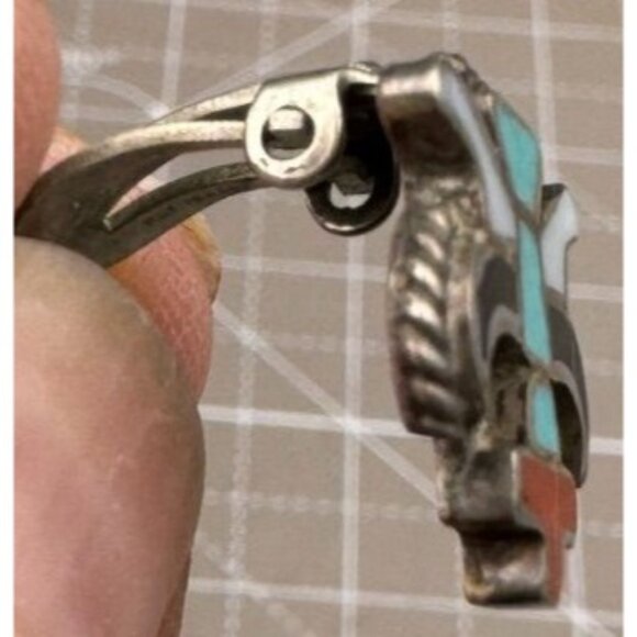 Zuni Sterling Silver Inlay Old Pawn Zuni Knifewing Kachina Clip-On Earrings - Picture 3 of 4